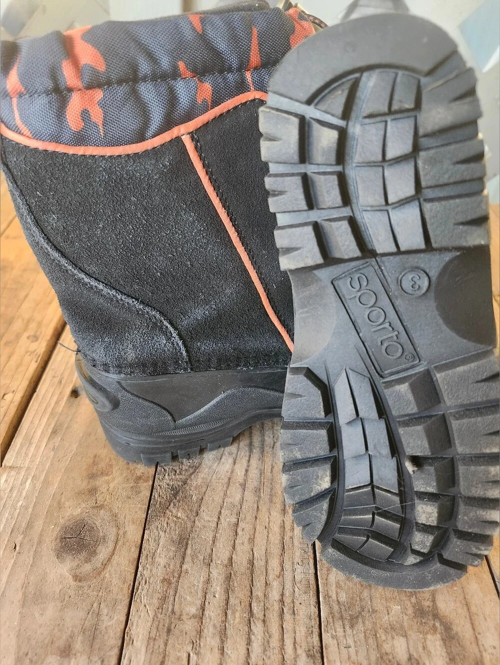 Sporto Kids Black Boots with Orange Camo Accents